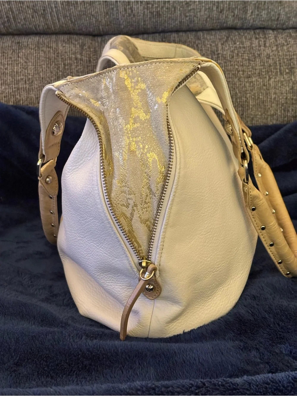 Elliott Lucca Genuine Leather Convertible Hobo Cream Gold Side Zip Studded